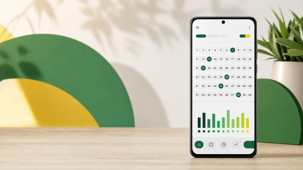 Celular com painel de análise de dezenas da Mega-Sena em tons verdes e amarelos