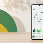 Celular com painel de análise de dezenas da Mega-Sena em tons verdes e amarelos