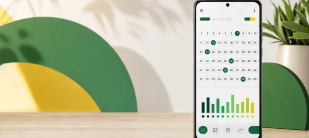 Celular com painel de análise de dezenas da Mega-Sena em tons verdes e amarelos