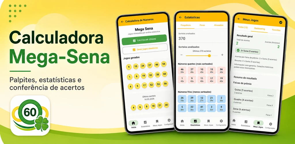 Calculadora Mega-Sena com gerador, estatísticas e conferência de jogos no Android