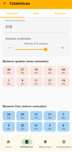 Estatísticas de dezenas quentes e frias da Mega-Sena no aplicativo