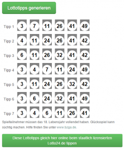 Lottozahlen in Form von generierten Lottotipps