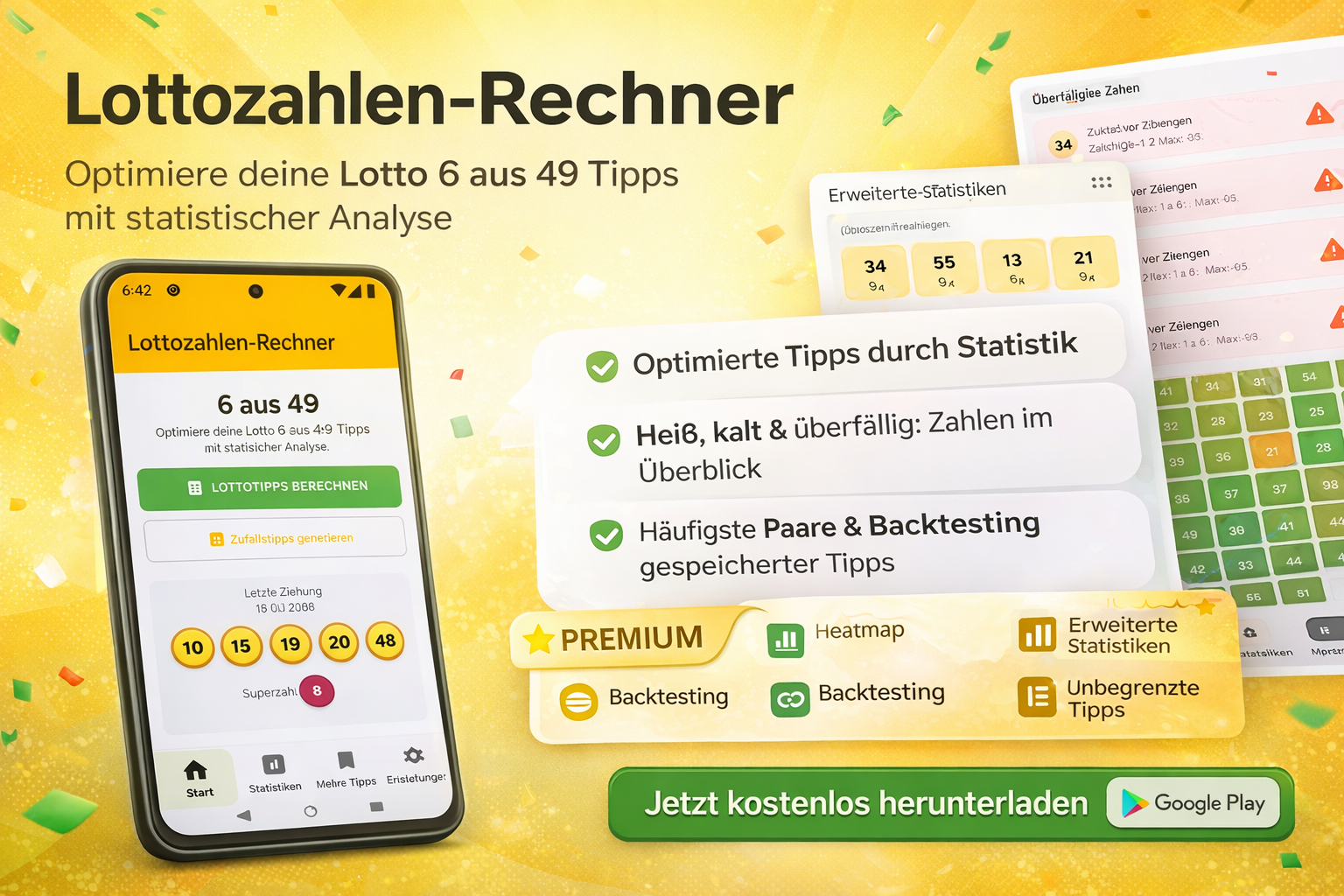 Banner der Lottozahlen-Rechner App mit App-Vorschau und Funktionsübersicht